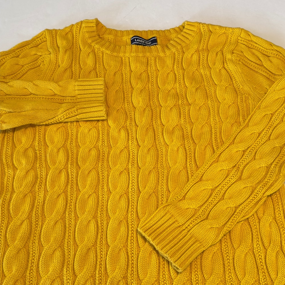 Lands End Drifter Cable Knit Sweater Womens Medium Tall Yellow 100% Cotton Crew - Picture 2 of 10